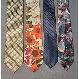 Lot of 4 Men’s Vintage Neck Ties – Floral, Striped, Geometric | Silk/Polyester